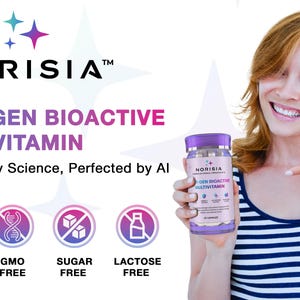 May include: A woman points to a bottle of Norisia Next-Gen Bioactive Multivitamin. The bottle is purple and white, with the brand name and product information visible. The background includes text stating the product is Gluten Free, GMO Free, Sugar Free, and Lactose Free.