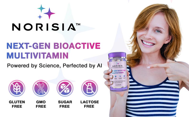May include: A woman points to a bottle of Norisia Next-Gen Bioactive Multivitamin. The bottle is purple and white, with the brand name and product information visible. The background includes text stating the product is Gluten Free, GMO Free, Sugar Free, and Lactose Free.