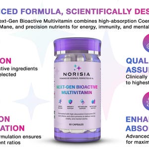 May include: A bottle of NORISIA Next-Gen Bioactive Multivitamin with a purple cap and label. The label includes the text "Next-Gen Bioactive Multivitamin" and "60 Capsules". The image also includes text about the product's features and benefits.