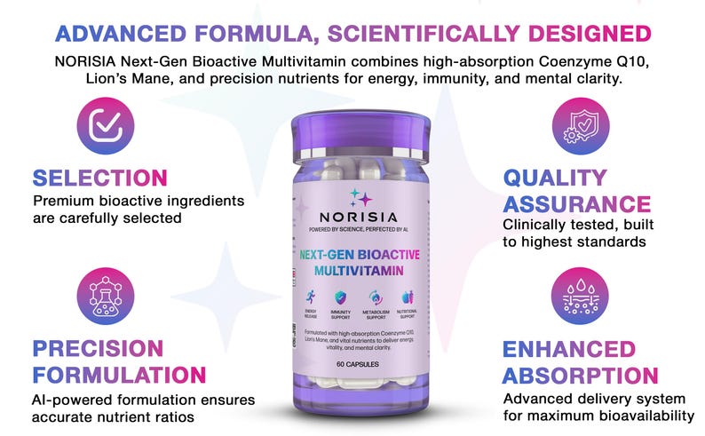 May include: A bottle of NORISIA Next-Gen Bioactive Multivitamin with a purple cap and label. The label includes the text "Next-Gen Bioactive Multivitamin" and "60 Capsules". The image also includes text about the product's features and benefits.