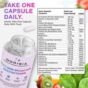 May include: A bottle of Norisia Next-Gen Bioactive Multivitamin capsules. The label lists ingredients like Vitamin C, Zinc, and Lion's Mane. The text on the label says "Take One Capsule Daily".