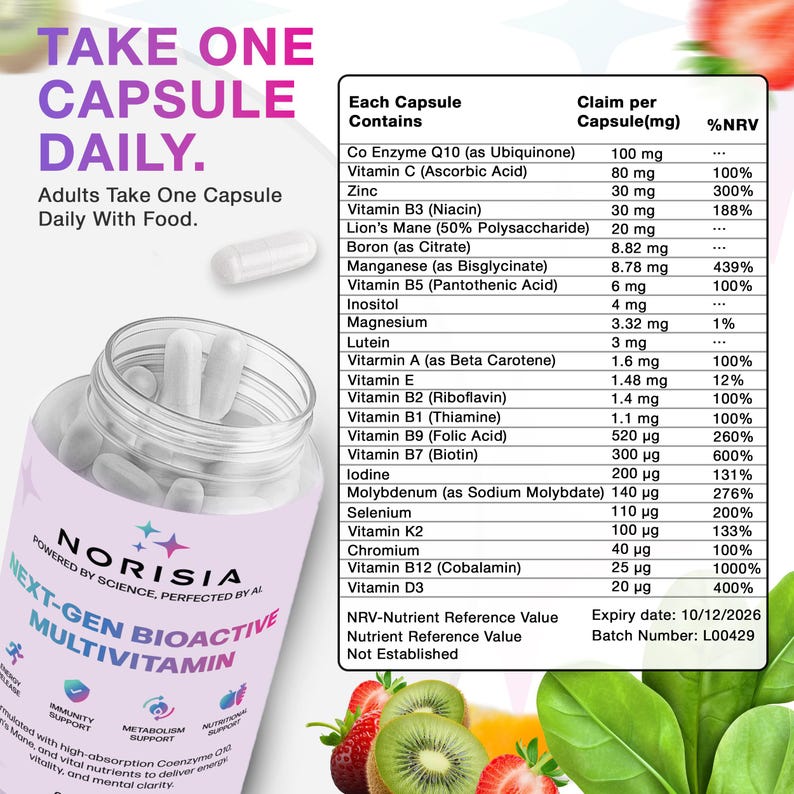 May include: A bottle of Norisia Next-Gen Bioactive Multivitamin capsules. The label lists ingredients like Vitamin C, Zinc, and Lion's Mane. The text on the label says "Take One Capsule Daily".