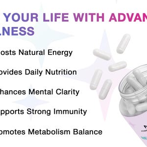 May include: Image of a bottle of Norisia Next-Gen Bioactive Multivitamin with white capsules spilling out. Text reads: Fuel Your Life With Advanced Wellness, Boosts Natural Energy, Provides Daily Nutrition, Enhances Mental Clarity, Supports Strong Immunity, Promotes Metabolism Balance.