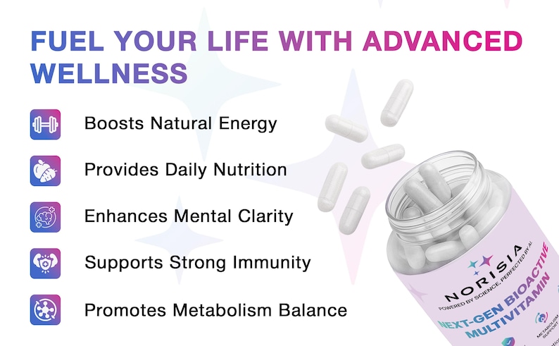 May include: Image of a bottle of Norisia Next-Gen Bioactive Multivitamin with white capsules spilling out. Text reads: Fuel Your Life With Advanced Wellness, Boosts Natural Energy, Provides Daily Nutrition, Enhances Mental Clarity, Supports Strong Immunity, Promotes Metabolism Balance.