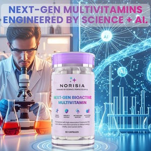 May include: A clear bottle of Norisia Next-Gen Bioactive Multivitamin capsules with a purple lid. The label reads "Engineered by Science + AI." A scientist in a lab coat is using a microscope. The background features scientific diagrams and equipment.