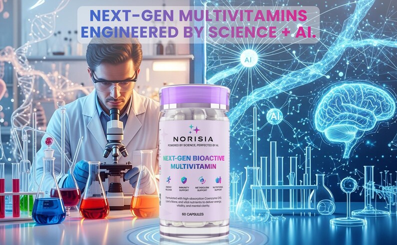 May include: A clear bottle of Norisia Next-Gen Bioactive Multivitamin capsules with a purple lid. The label reads "Engineered by Science + AI." A scientist in a lab coat is using a microscope. The background features scientific diagrams and equipment.