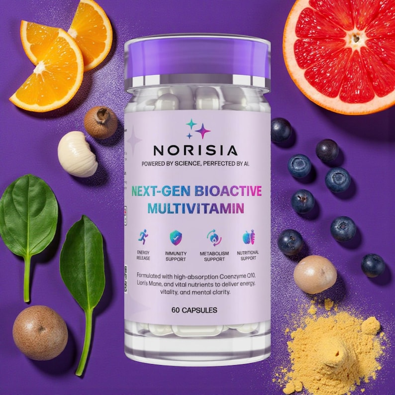 May include: A bottle of Norisia Next-Gen Bioactive Multivitamin with a purple and white label, surrounded by fresh fruit and ingredients. The label highlights energy release, immunity, metabolism, and nutritional support. The bottle contains 60 capsules.