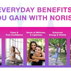 May include: Graphic with the text "EVERYDAY BENEFITS YOU GAIN WITH NORISIA" and images illustrating benefits: mental clarity, confidence, wellness, energy, and circulation. The images show people in various activities.