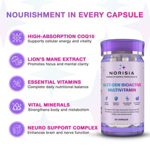 May include: A purple and white bottle of Norisia Next-Gen Bioactive Multivitamin. The label highlights key ingredients like CoQ10, Lion's Mane, and essential vitamins. The bottle contains 60 capsules and promotes energy, immunity, and metabolism.