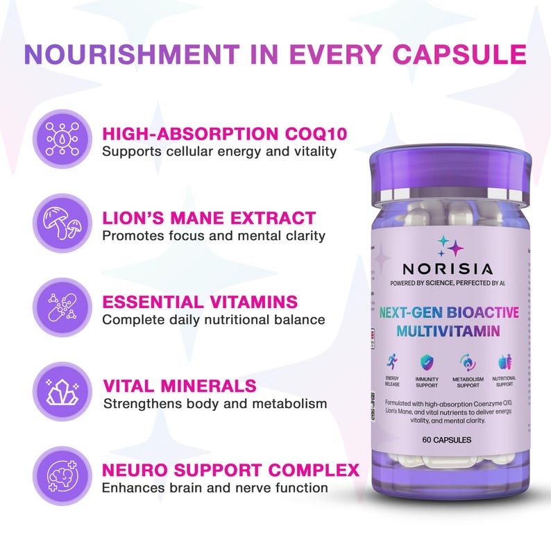 May include: A purple and white bottle of Norisia Next-Gen Bioactive Multivitamin. The label highlights key ingredients like CoQ10, Lion's Mane, and essential vitamins. The bottle contains 60 capsules and promotes energy, immunity, and metabolism.