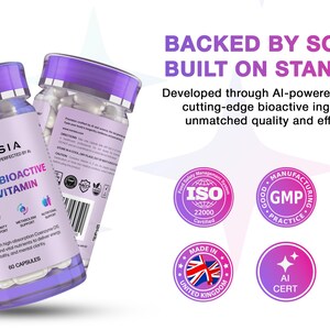 May include: Two bottles of Norisia Next-Gen Bioactive Multivitamin with purple lids and labels. The labels include text such as "Immunity Support" and "60 Capsules". The image also includes text that says "Backed by Science. Built on Standards."