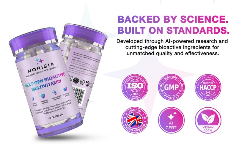 May include: Two bottles of Norisia Next-Gen Bioactive Multivitamin with purple lids and labels. The labels include text such as "Immunity Support" and "60 Capsules". The image also includes text that says "Backed by Science. Built on Standards."
