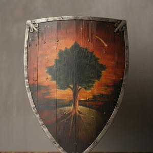 May include: A wooden shield with a painted tree design. The shield has a dark brown wooden surface with a metal trim. The tree is dark green with visible roots, set against a sunset background. The shield is displayed on a wooden surface.
