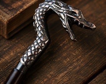 Handcrafted Dragon Head Walking Cane – Dark Wood Metal Handle, Gothic Fantasy Accessory