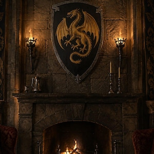 May include: A stone fireplace with a dragon emblem shield. The room is illuminated by torches and candles, creating a warm atmosphere. Two red armchairs are positioned near the fireplace. The scene evokes a medieval aesthetic.