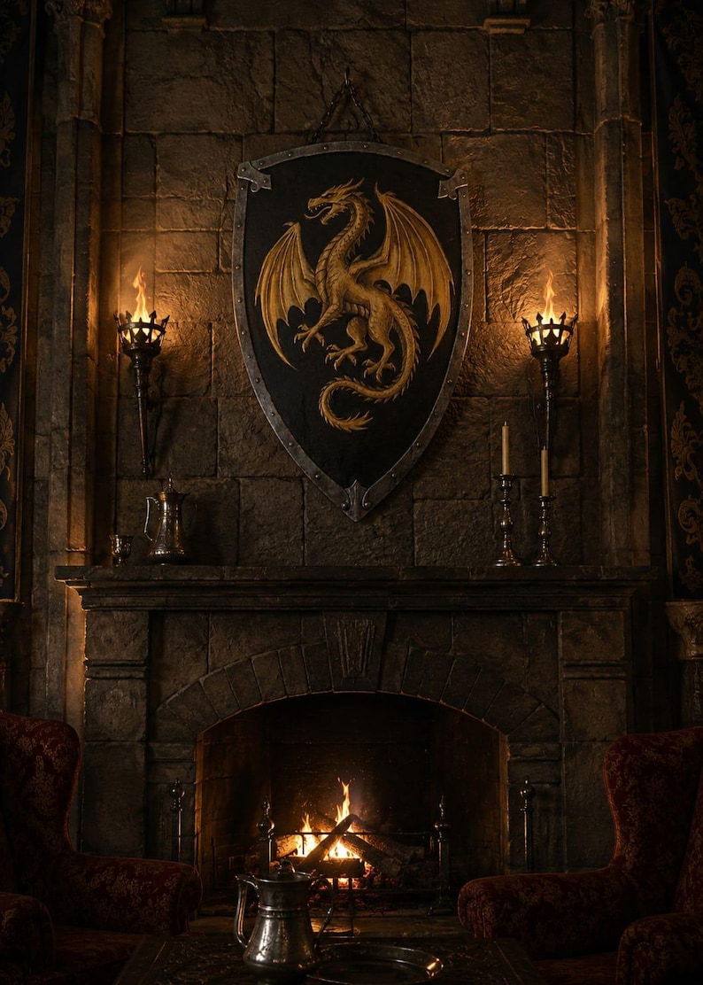 May include: A stone fireplace with a dragon emblem shield. The room is illuminated by torches and candles, creating a warm atmosphere. Two red armchairs are positioned near the fireplace. The scene evokes a medieval aesthetic.