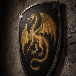 May include: A shield featuring a gold dragon on a black background. The dragon is depicted with outstretched wings. The shield has a metal border and is mounted on a textured, grey wall. The shield is a decorative item.