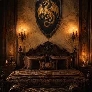 May include: A richly decorated bedroom featuring a dark wood bed, opulent bedding, and a leather bench. A shield with a gold dragon emblem is mounted above the bed. Candle sconces and warm lighting create a medieval-inspired ambiance.