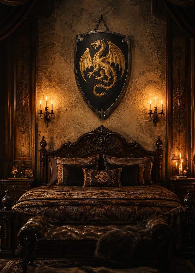 May include: A richly decorated bedroom featuring a dark wood bed, opulent bedding, and a leather bench. A shield with a gold dragon emblem is mounted above the bed. Candle sconces and warm lighting create a medieval-inspired ambiance.
