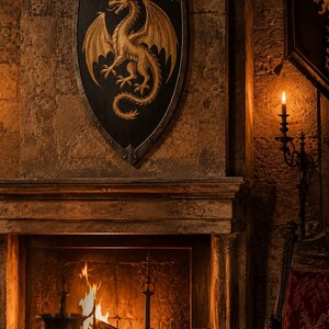 May include: A black shield featuring a gold dragon emblem is mounted above a fireplace. The dragon is depicted with outstretched wings. A lit candle and a decorative fireplace complete the scene, creating a medieval theme.