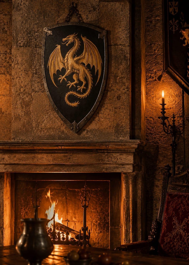 May include: A black shield featuring a gold dragon emblem is mounted above a fireplace. The dragon is depicted with outstretched wings. A lit candle and a decorative fireplace complete the scene, creating a medieval theme.