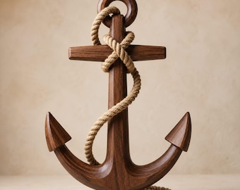 Handcrafted Wooden Anchor Decor with Nautical Rope | Coastal Maritime Sculpture