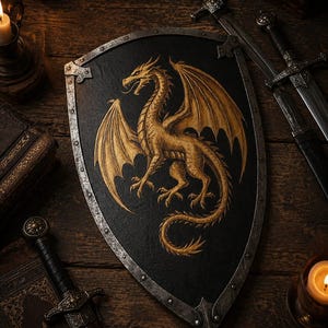 May include: A black shield with a gold dragon design, surrounded by swords and candles on a wooden surface. The dragon has outstretched wings and is the focal point of the shield. The scene evokes a medieval or fantasy theme.