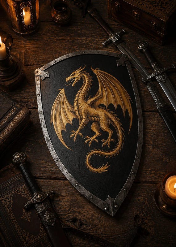 Golden Dragon Medieval Shield Wall Decor – Fantasy Knight Armor Plaque for Home & Gaming Room