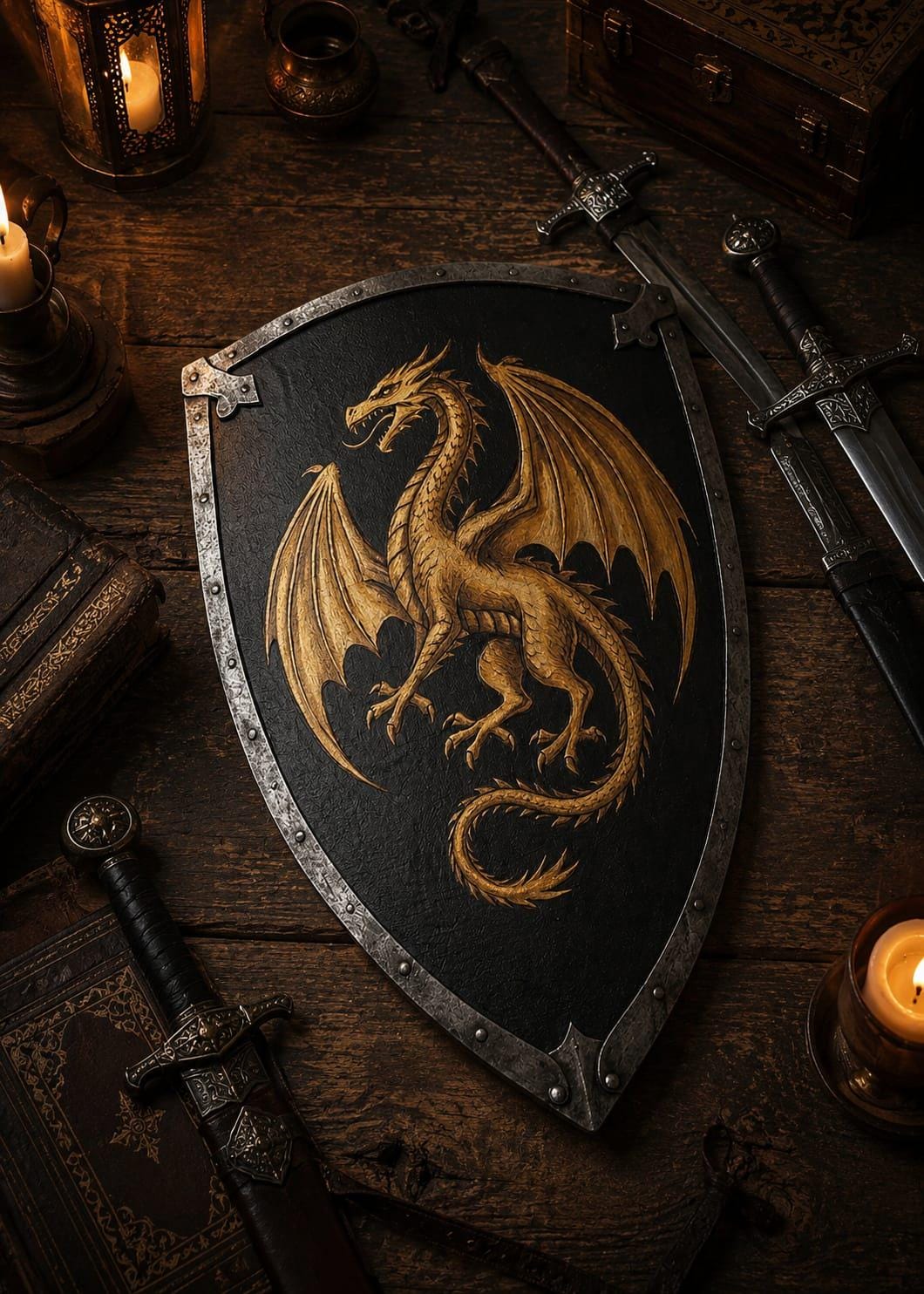 Golden Dragon Medieval Shield Wall Decor - Fantasy Knight Armor Plaque for Home & Gaming Room