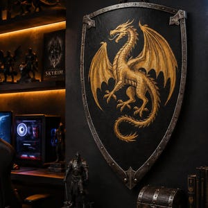 May include: A black shield featuring a gold dragon design, mounted on a dark wall. The shield has a metal edge and is suspended by a chain. The dragon is shown with its wings spread. The image suggests a fantasy or gaming theme.