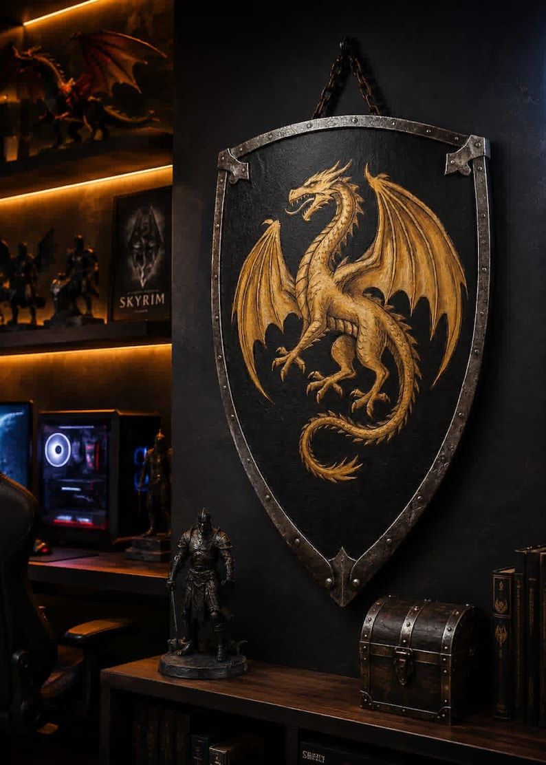 May include: A black shield featuring a gold dragon design, mounted on a dark wall. The shield has a metal edge and is suspended by a chain. The dragon is shown with its wings spread. The image suggests a fantasy or gaming theme.