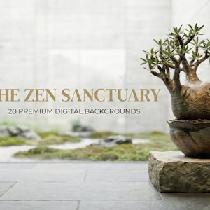 Puede incluir: Una imagen serena que presenta un pequeño árbol con hojas verdes en una maceta decorativa, colocado sobre una base de piedra. El texto "THE ZEN SANCTUARY" y "20 PREMIUM DIGITAL BACKGROUNDS" se muestra en letras doradas. El fondo sugiere un entorno minimalista y natural.