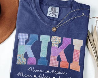 Comfort Colors® Personalized Kiki  Shirt, Custom Kiki Tee With Grandkids Names, Faux Patchwork Kiki Tee, Gift For Kiki, Mothers Day Gift