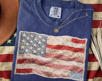 Comfort Colors® Retro American Flag Shirt, Faux Patchwork USA Tee, 4th of July Shirt, Patriotic Graphic Shirt, Fourth of July Shirt