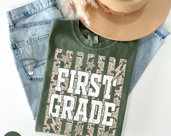 Comfort Colors® First Grade Shirt, Camo Striped 1st Grade Tee, Back to School First Grade Teacher Shirt, Camouflage 1st Grade Crew Gift