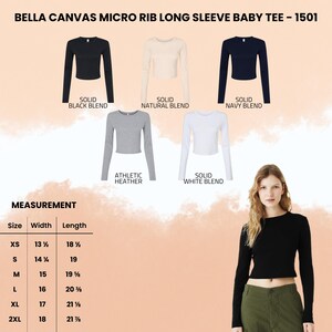 Puede incluir: Muestra de camisetas de manga larga Bella Canvas Micro Rib para beb&eacute; en negro, natural, marino, gris jaspeado y blanco. Tallas XS a 2XL, con anchos de 34.3 cm a 45.7 cm y largos de 46 cm a 55.6 cm. El texto "BELLA CANVAS MICRO RIB LONG SLEEVE BABY TEE - 1501" es visible.