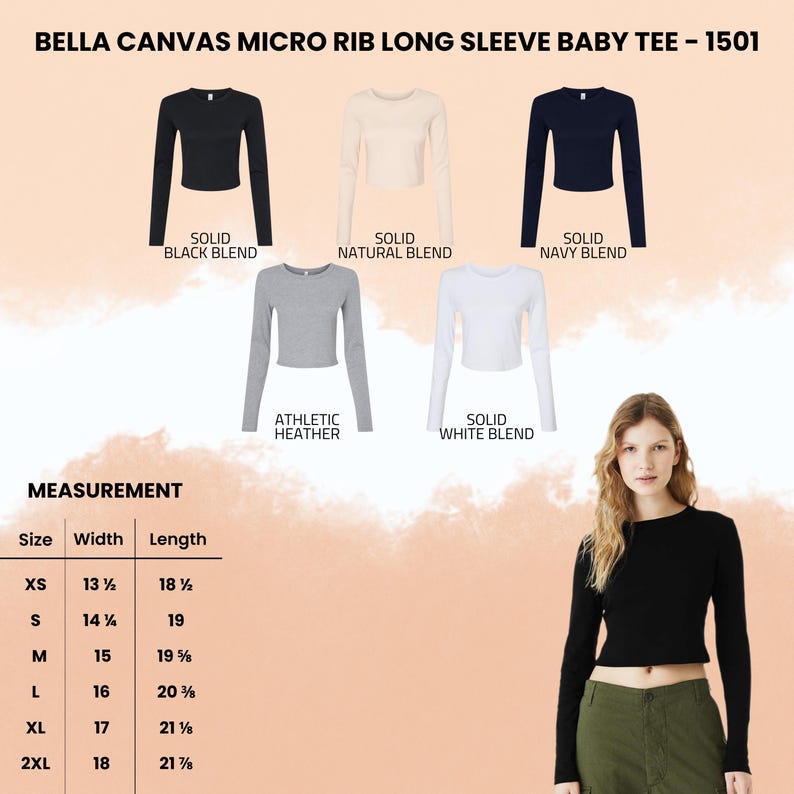 Puede incluir: Muestra de camisetas de manga larga Bella Canvas Micro Rib para beb&eacute; en negro, natural, marino, gris jaspeado y blanco. Tallas XS a 2XL, con anchos de 34.3 cm a 45.7 cm y largos de 46 cm a 55.6 cm. El texto "BELLA CANVAS MICRO RIB LONG SLEEVE BABY TEE - 1501" es visible.