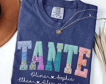 Comfort Colors® Personalized Tante Shirt, Custom Tante Tee With Names, Faux Patchwork Tante Tee, Gift For Tante, Gift for Aunt, Auntie Tee