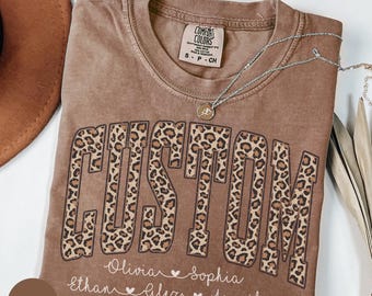 Comfort Colors® Custom Name Leopard Print T-Shirt, Personalized Tee, Custom Leopard Shirt with Kids Names, Custom Leopard Gift