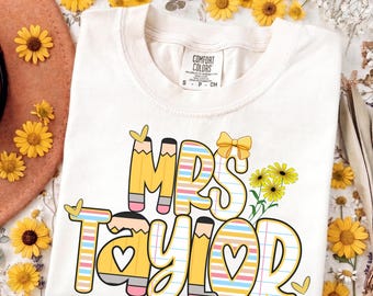 Comfort Colors® Personalized Teacher Shirt, Custom Name Teacher Tee, Mrs Teacher Shirt, Back To School Shirt, Kindergarten Teacher Tee