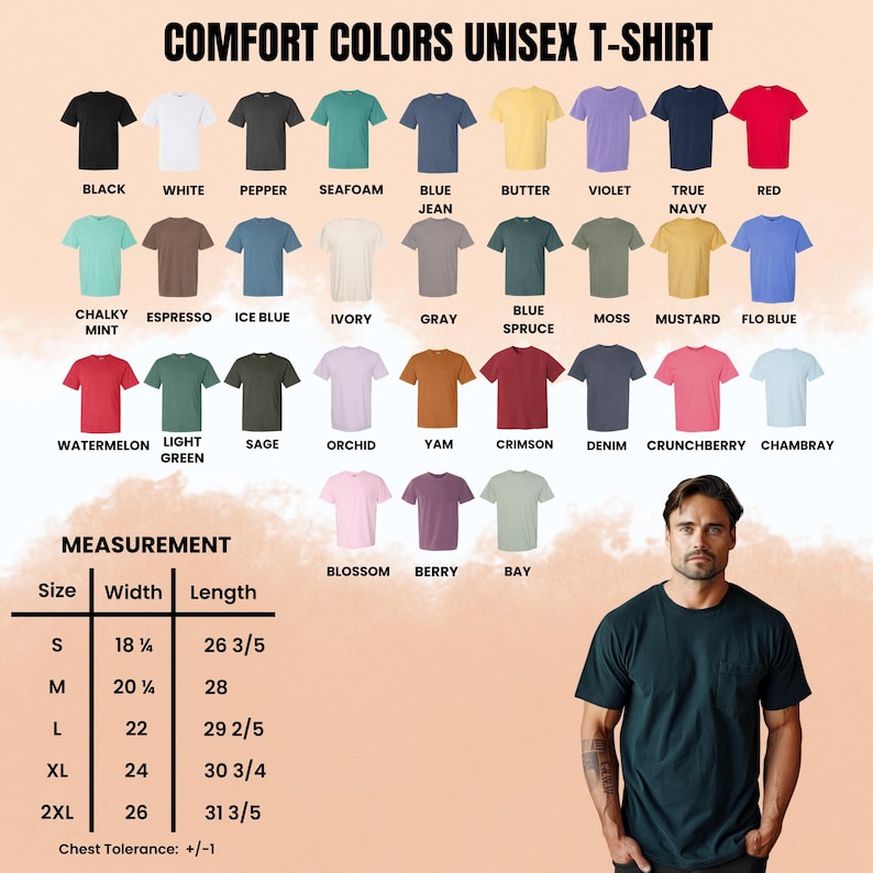 May include: A display of Comfort Colors unisex t-shirts in various colors, including black, white, and red. The image also shows a size chart with measurements in inches for width and length, ranging from size S to 2XL.