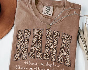 Comfort Colors® Personalized Nana Shirt with Grandkids Names, Leopard Nana T-Shirt, Nana Gifts, Christmas Gift, Custom Kids Names Nana Shirt