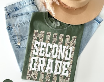 Comfort Colors® Second Grade Shirt, Camo Striped 2nd Grade Tee, Back to School First Grade Teacher Shirt, Camouflage 2nd Grade Crew Gift