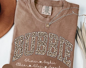 Comfort Colors® Personalized Bubbie Shirt with Grandkids Names, Leopard Bubbie Shirt, Bubbie Gift, Mothers Day Gift Custom Kids Names Bubbie