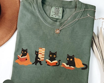 Comfort Colors® Black Cats Reading Shirt, Book Lover Cat Shirt, Cozy Reader Gift For Her
