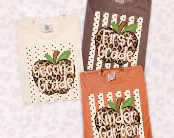 Comfort Colors® First Day of School Shirt, Grade Teacher Shirt, Leopard Apple Back to School Tee, Kindergarten First Second Grade Shirt