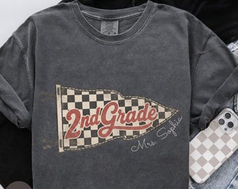 Comfort Colors® 2nd Grade Teacher Shirt, Personalized Teacher Tee, Checkered Pennant Shirt, Back to School Teacher Gift, Custom Name