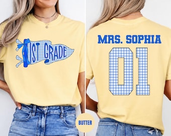Comfort Colors® Personalized 1st Grade Teacher Shirt, Custom Teacher Name Number Shirt, Back to School Teacher Tee, First Grade Bow T-Shirt