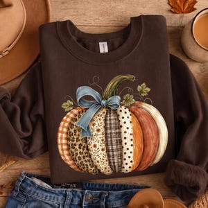May include: A dark brown crewneck sweatshirt featuring a large graphic of a pumpkin composed of various patterned segments including plaid, leopard print, floral, and polka dots, accented with a light blue ribbon bow and green vine details.