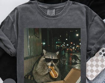 Comfort Colors® Raccoon Eating Hot Dog Graphic Tee, Funny Animal Meme Shirt